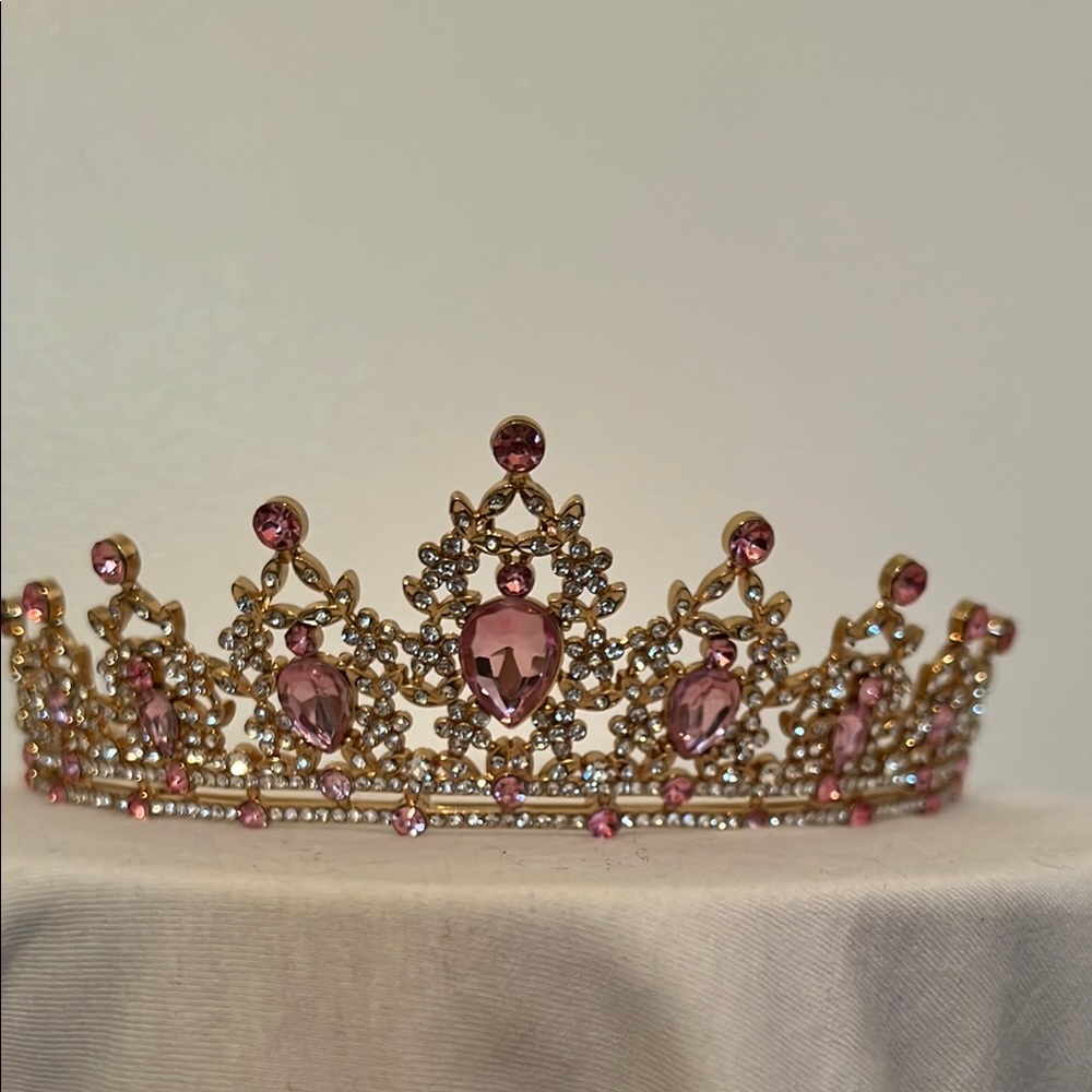 Gold color metal princess crown tiara pink rhinestones